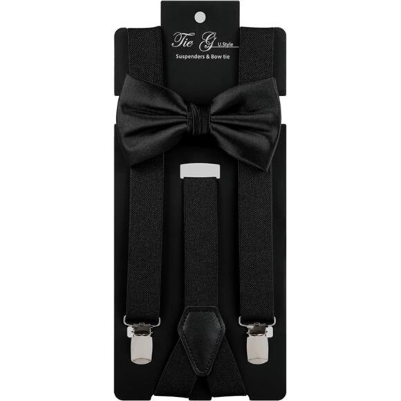 TIE G Solid Color Men's Suspender + Woven Bow Tie Set for Wedding : Vivid Color - Picture 2 of 7